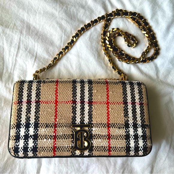 Burberry Handbags - Burberry Beige Black Red Check Woven Crossbody Bag with Gold Chain